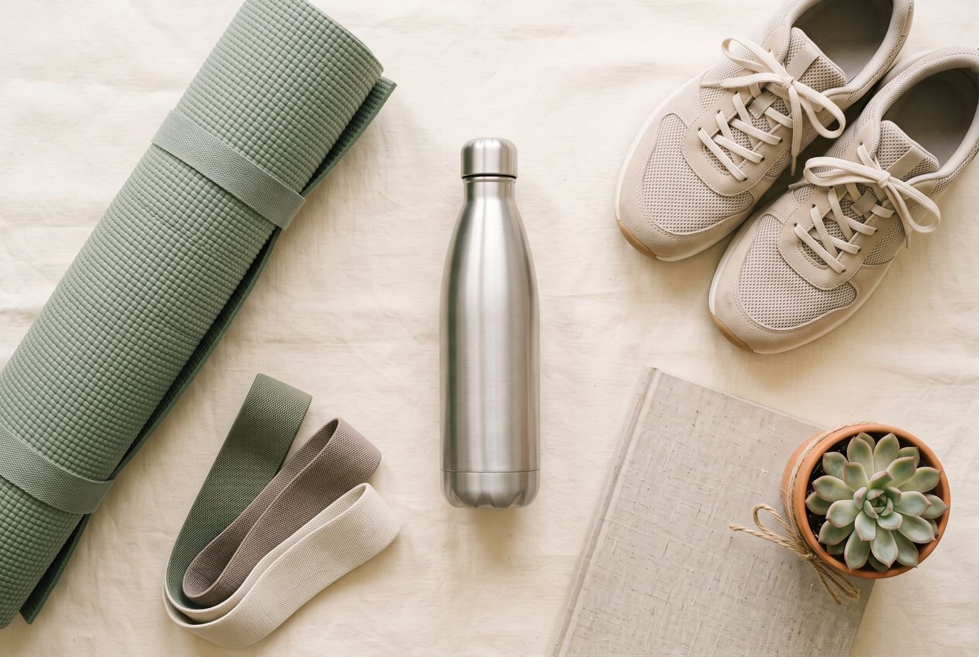 A flat lay of a water bottle, yoga mat, resistance band, walking shoes and a notebook