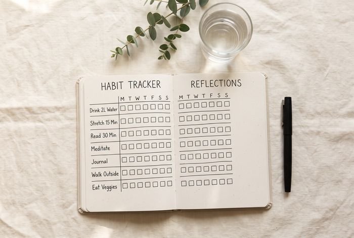 An open habit tracker notebook, a pen and a glass of water on a cream linen surface