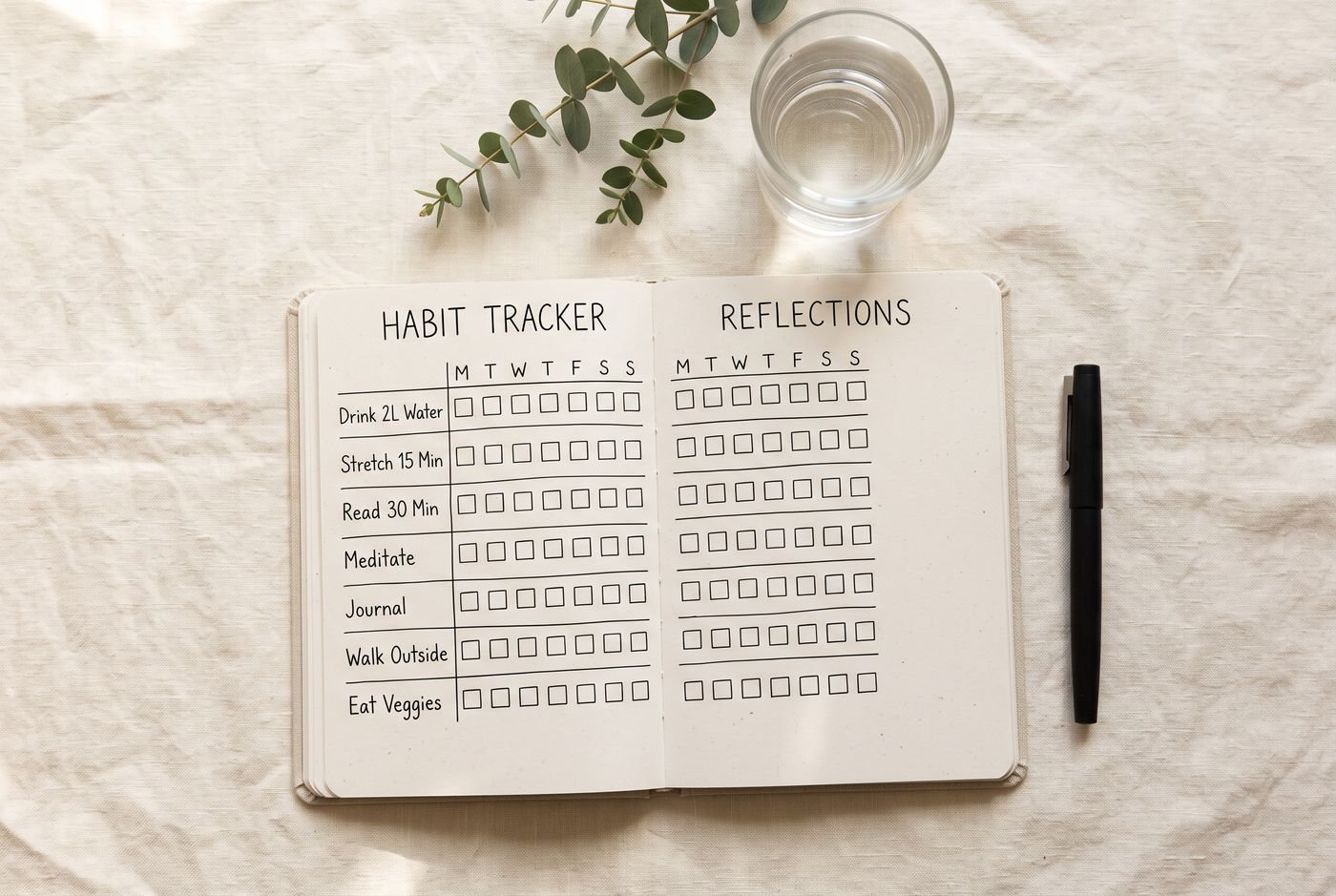 An open habit tracker notebook, a pen and a glass of water on a cream linen surface
