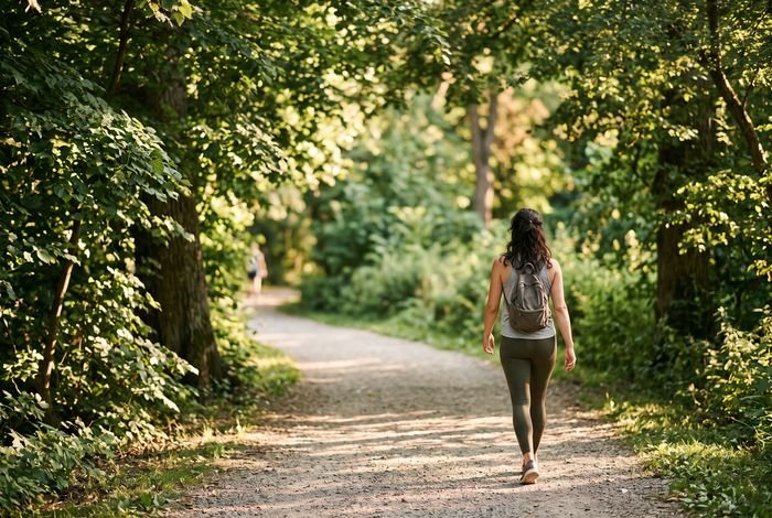 A person walking along a sunlit tree-lined park path