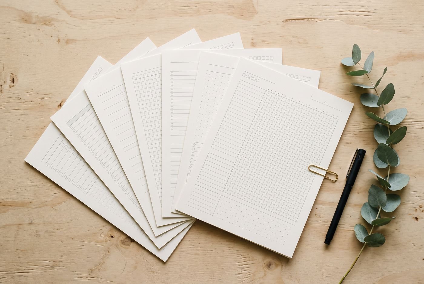 Printable planner and tracker pages laid out on a cream desk with a pen