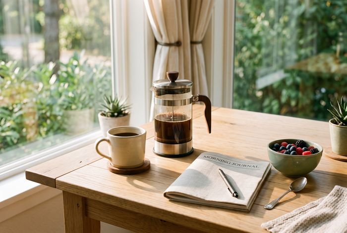 A calm morning table with a French press, mug, notebook and a bowl of berries