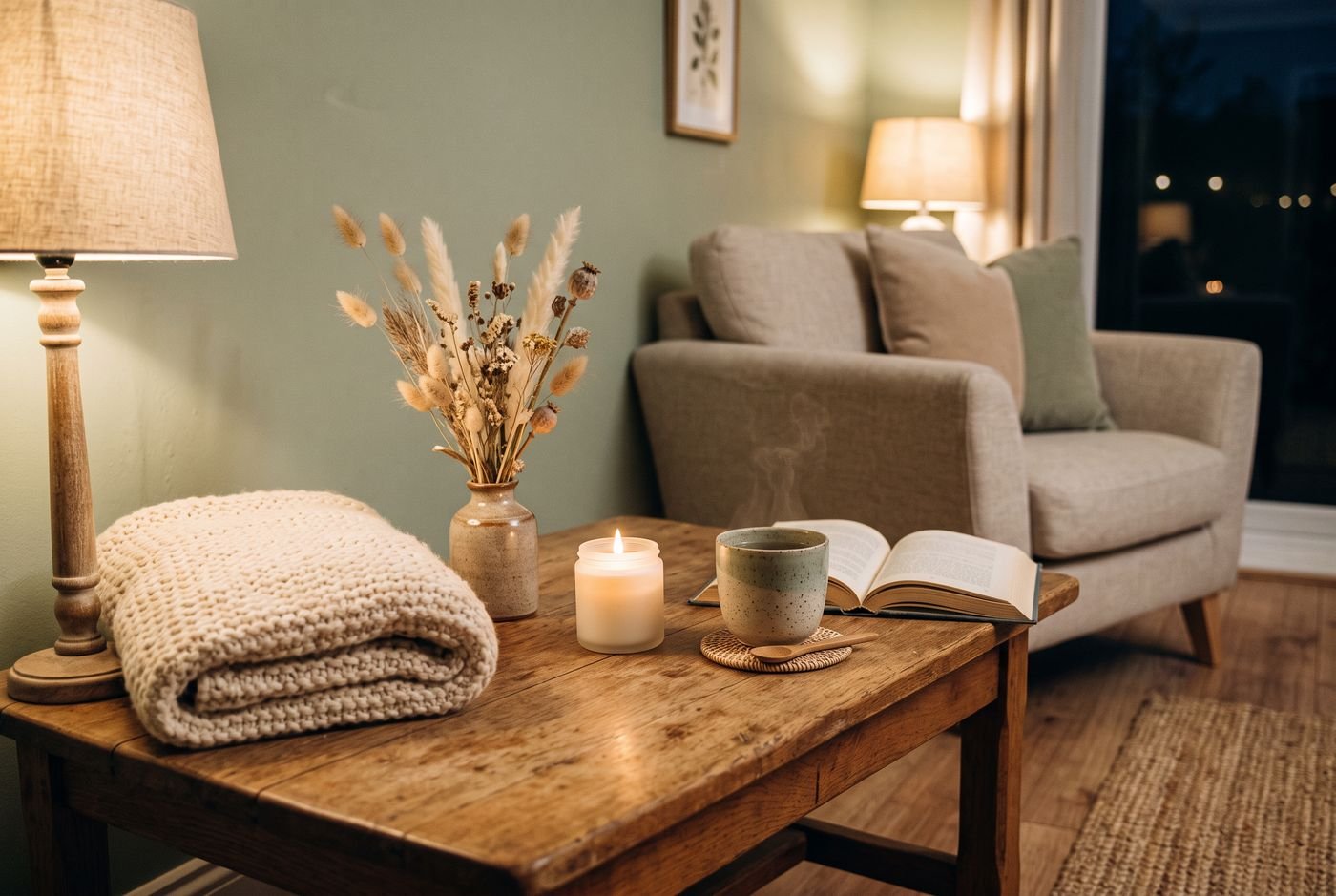 A candle, a cup of herbal tea, a knit throw and a book in a cosy corner