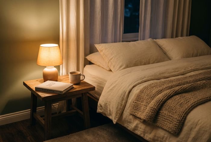 A softly lit bedroom with a book, a candle, and a warm mug on a nightstand