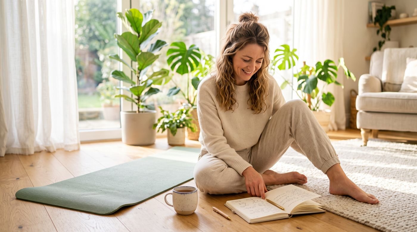 A woman sitting on the floor beside a yoga mat with a mug and notebook in bright morning light