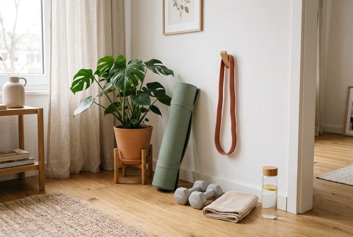 A small living room corner with a yoga mat rolled out and a set of resistance bands nearby
