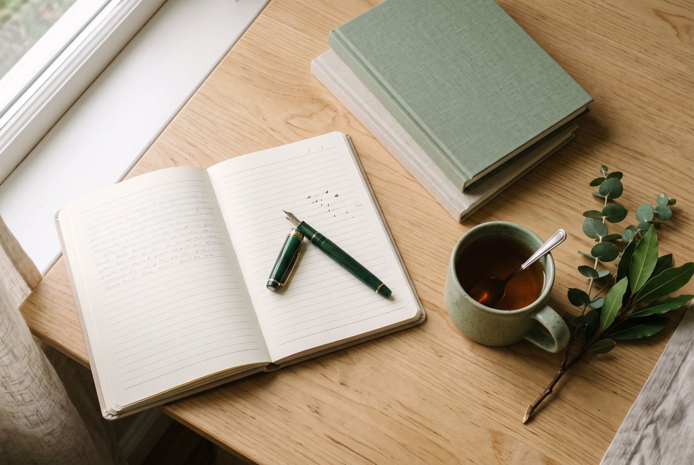 An open planner on a wooden desk beside a pen and a small plant