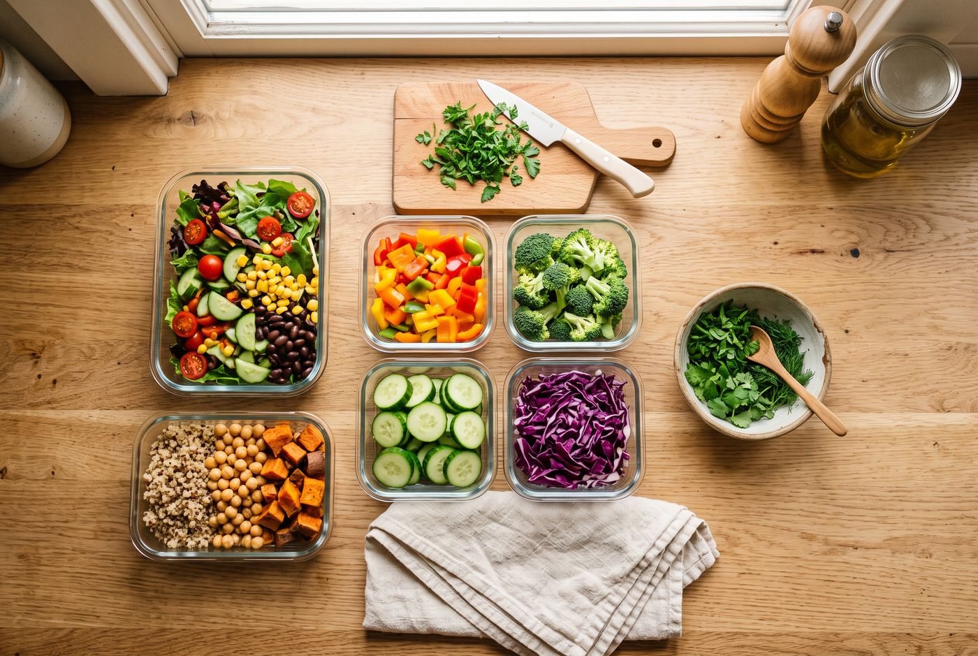Glass containers of prepared salads and chopped vegetables on a light kitchen counter