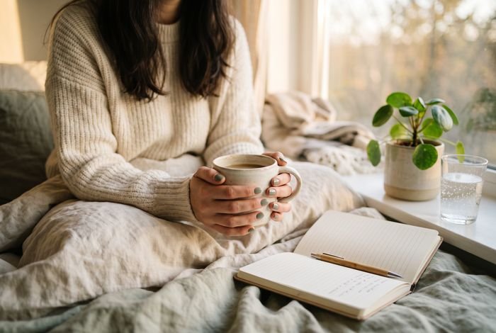 A cozy morning scene with a cup of tea, an open journal, and soft natural light