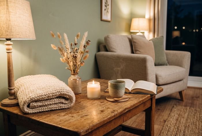 A cozy corner with a soft blanket, a warm drink, and a book on a quiet afternoon