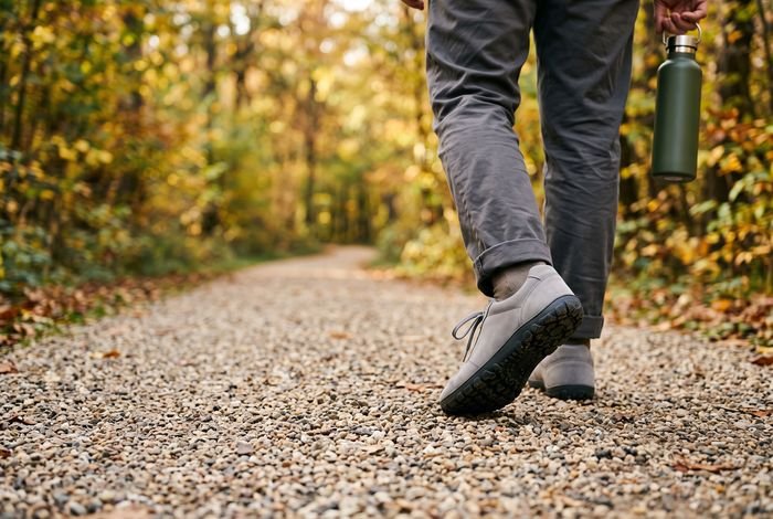 A person taking a walk outside on a bright sunny day