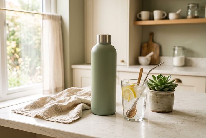 Several reusable water bottles lined up on a light kitchen counter