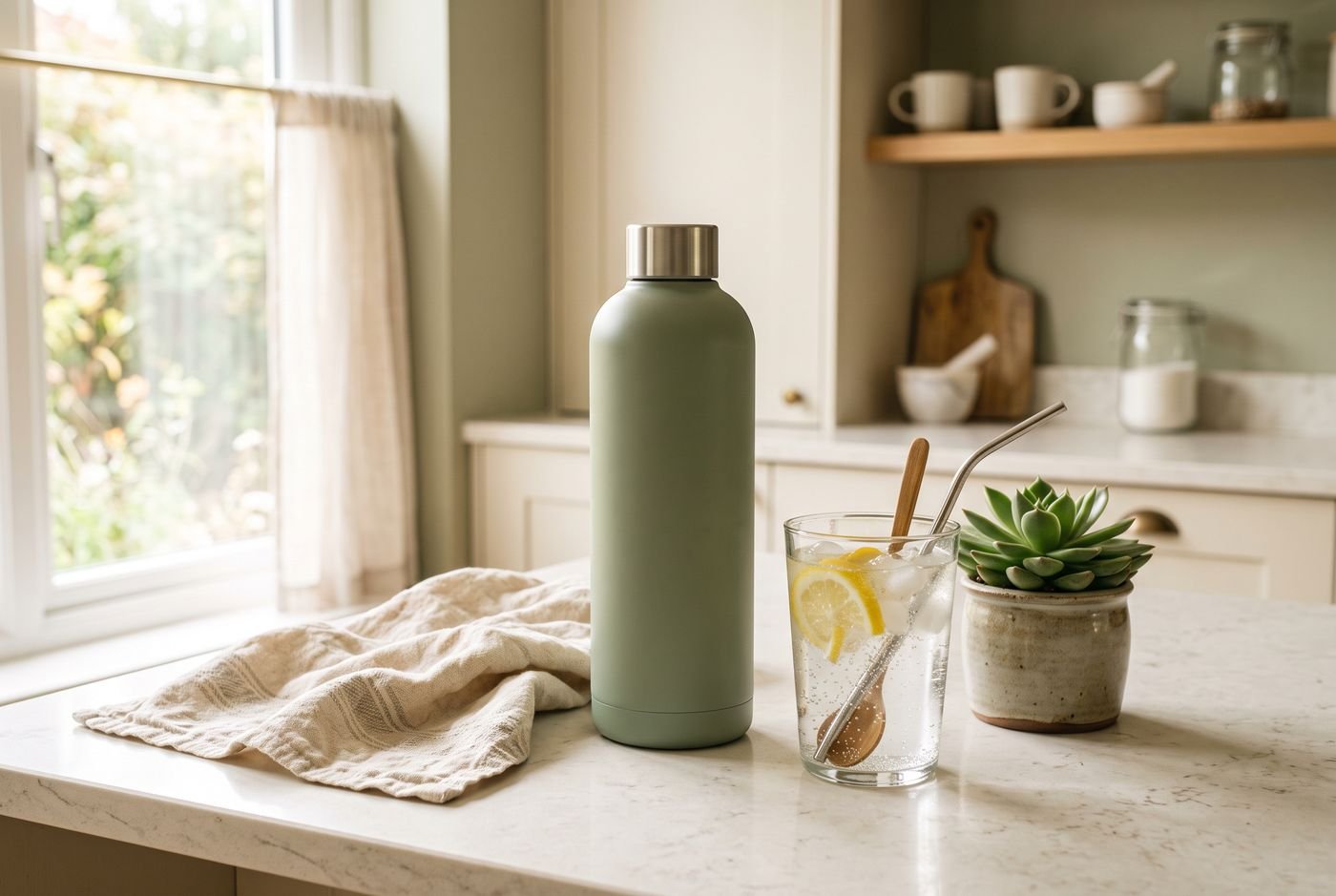 Several reusable water bottles lined up on a light kitchen counter
